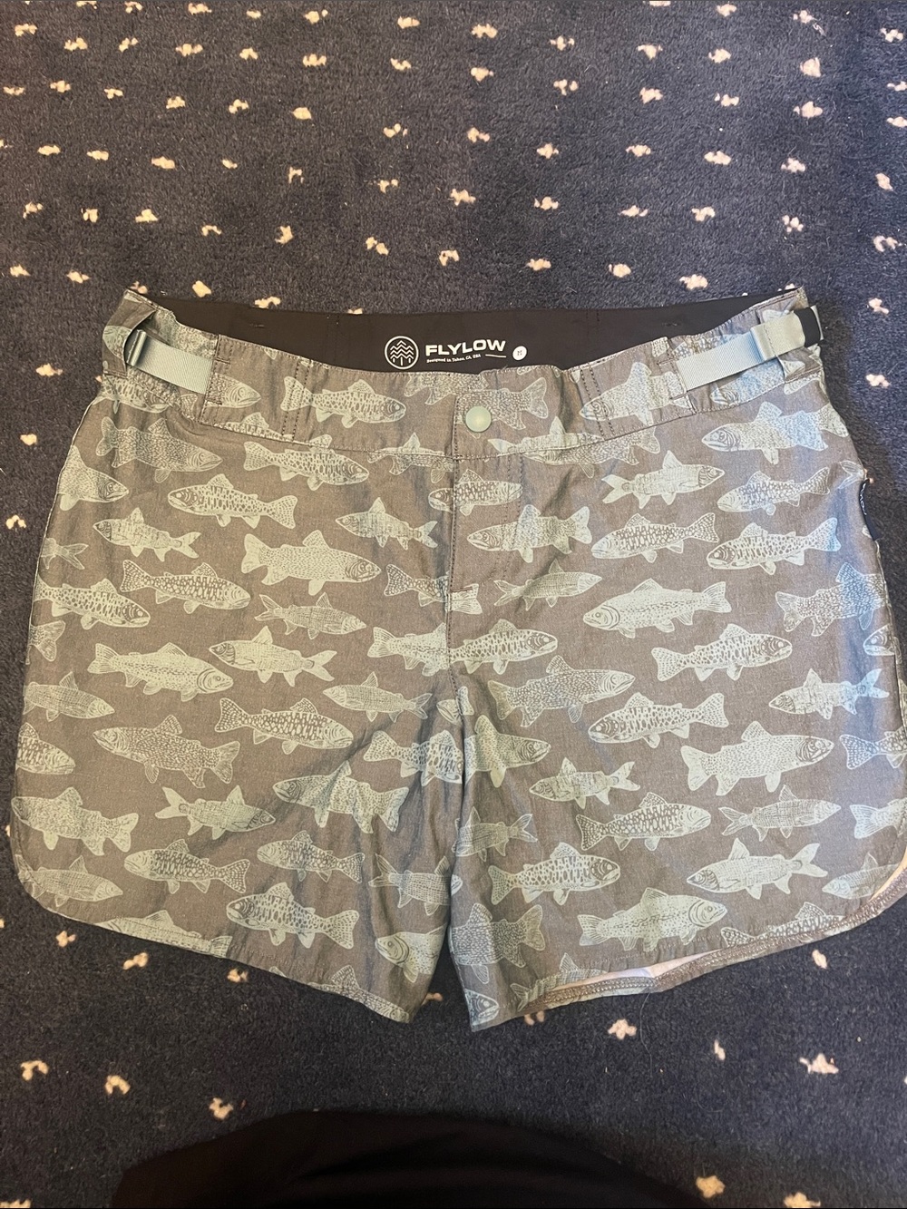 Flylow Women's Fish-Print Athletic Shorts in Gray-Green